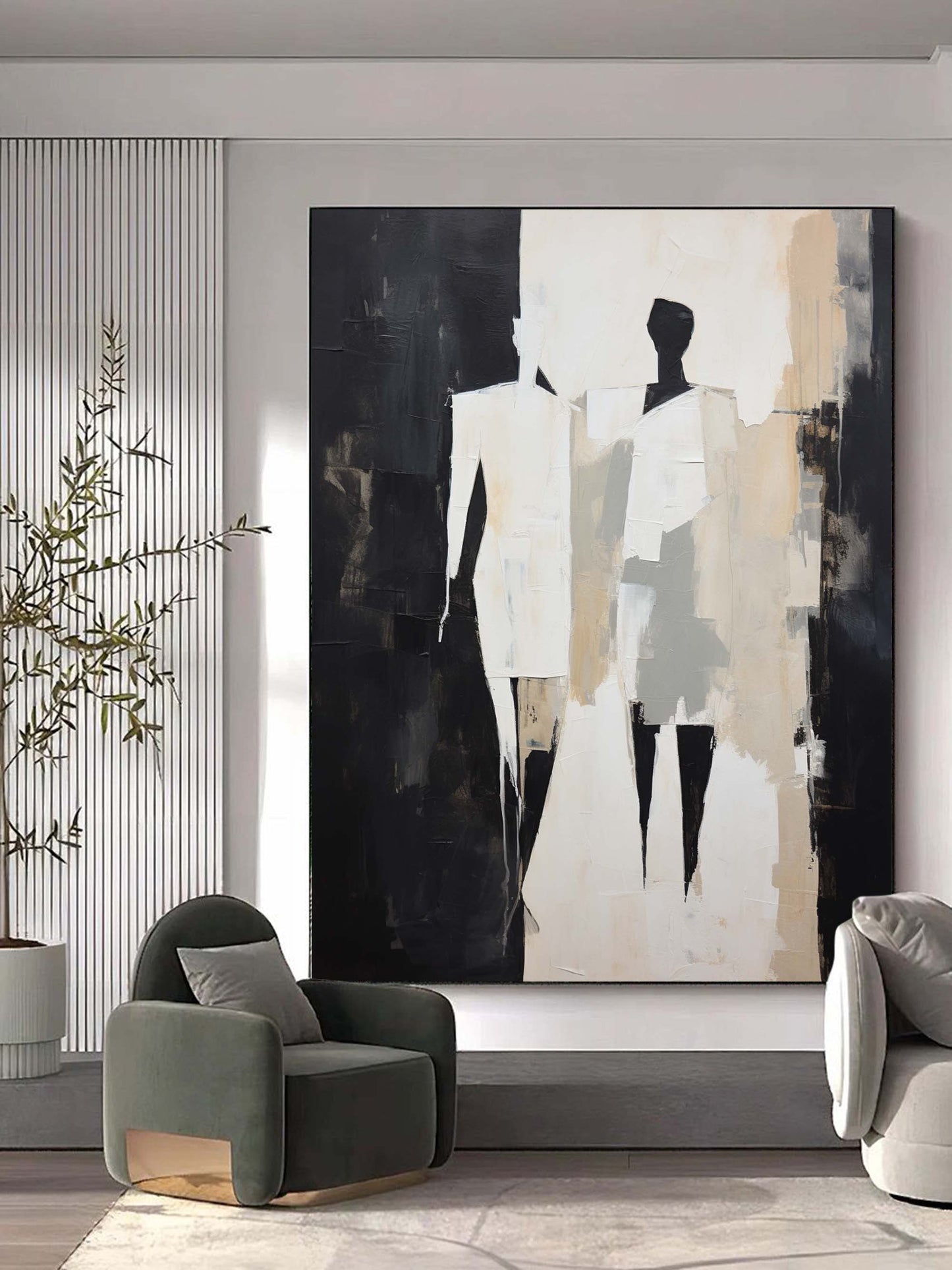 Abstract Figures in Black and White Minimalist Oil Painting for Modern Home Decor