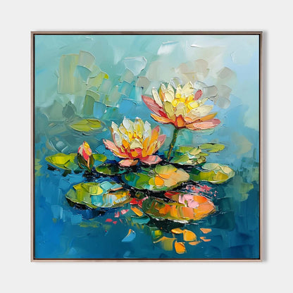 Vibrant Lotus Flowers Oil Painting on Blue Water – Modern Abstract Art Piece