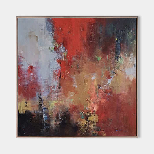 Vibrant Modern Abstract Oil Painting in Bold Red and Earthy Tones for Home Decor