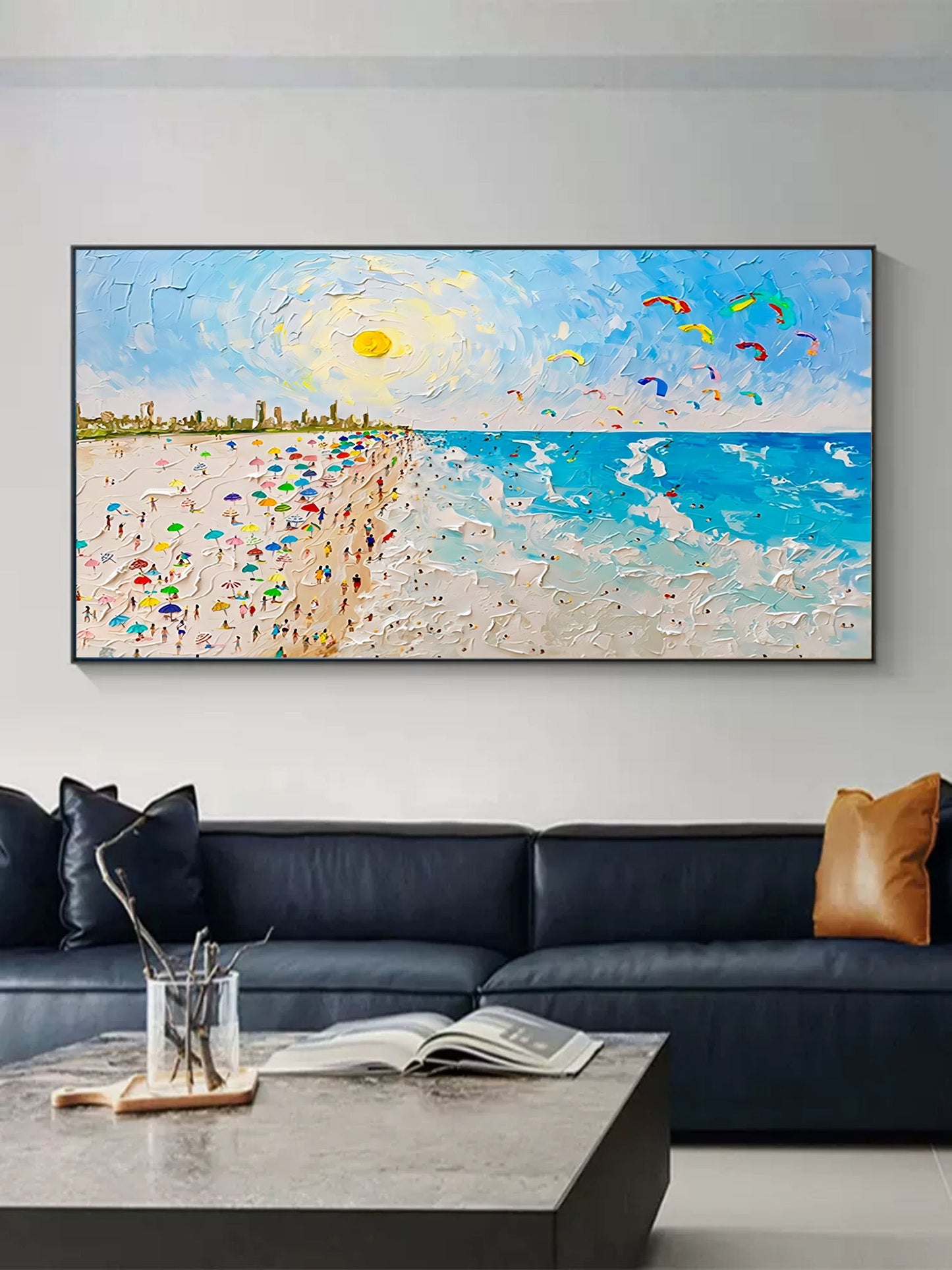 Vibrant Beach Scene with Colorful Umbrellas and Kites - Serene Summer Escape