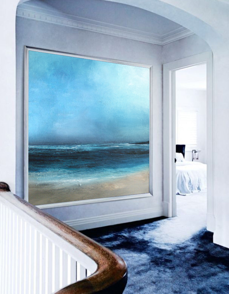Stunning Blue Ocean Horizon Abstract Oil Painting for Coastal Home Decor