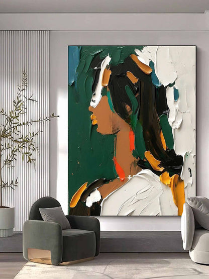 Vibrant Abstract Oil Painting of a Woman in Profile on Deep Green Background