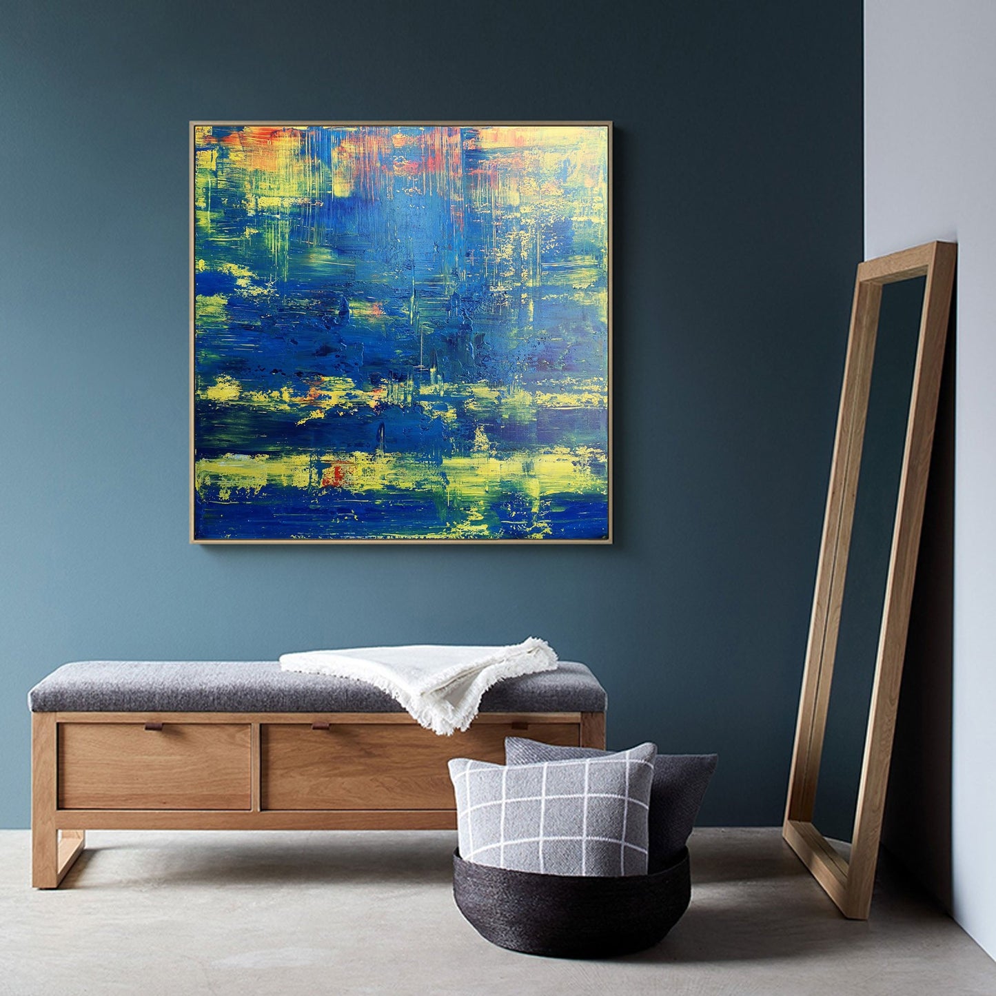 Vibrant Blue and Yellow Abstract Oil Painting for Modern Home Decor