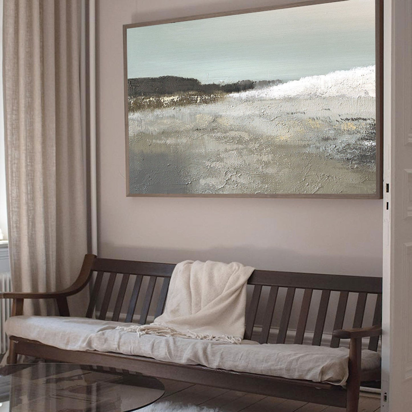 Serene Coastal Landscape Oil Painting with Soft Waves and Tranquil Tones