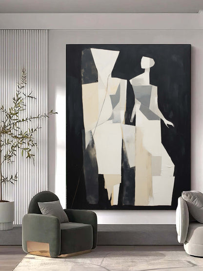 Abstract Minimalist Oil Painting of Stylized Figures in Black and White