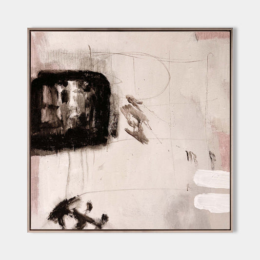 Contemporary Abstract Oil Painting with Bold Black and Soft Pink Accents