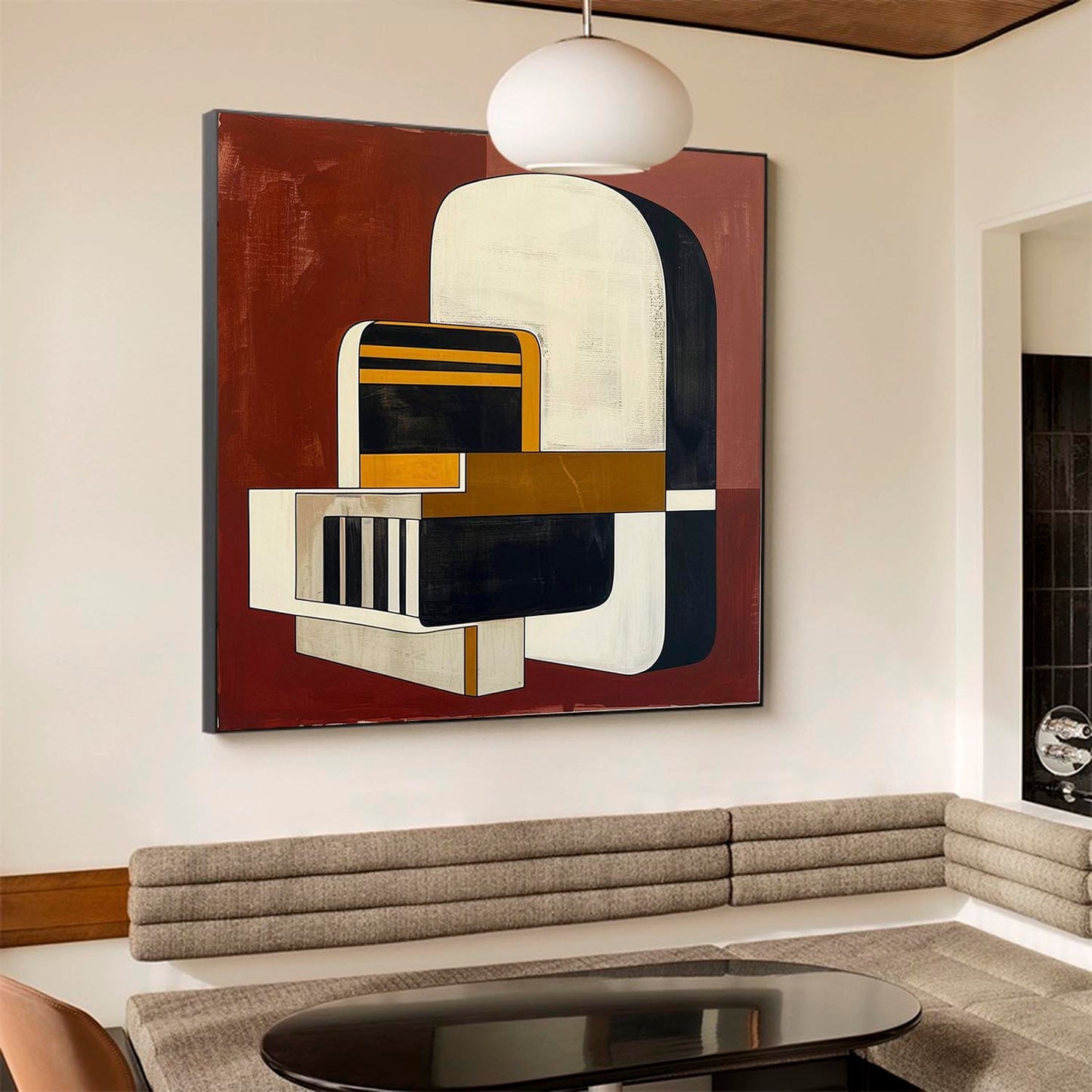 Modern Vintage Abstract Oil Painting with Bold Geometric Shapes and Warm Tones