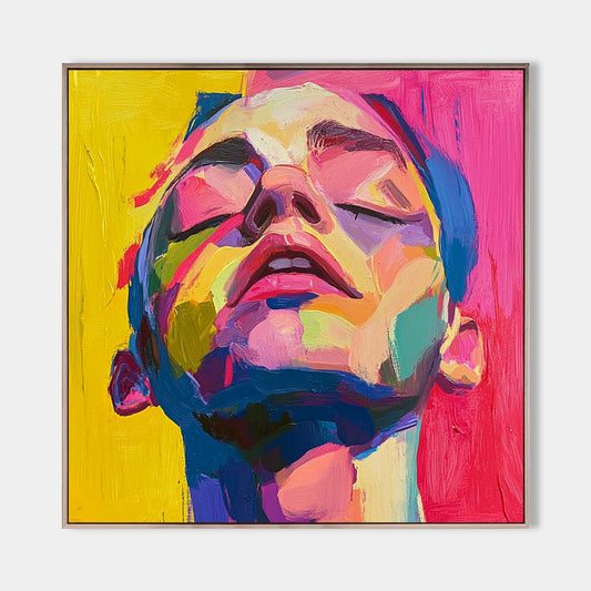 Vibrant Modern Abstract Oil Painting of Expressive Face in Bold Colors