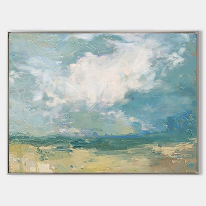 Serene Coastal Sky and Sea Oil Painting for Tranquil Home Decor