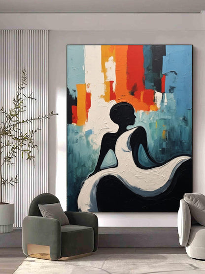 Vibrant Abstract Oil Painting of Elegant Figure in Bold Colors