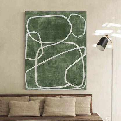Abstract Green Oil Painting with Bold White Lines for Modern Home Decor