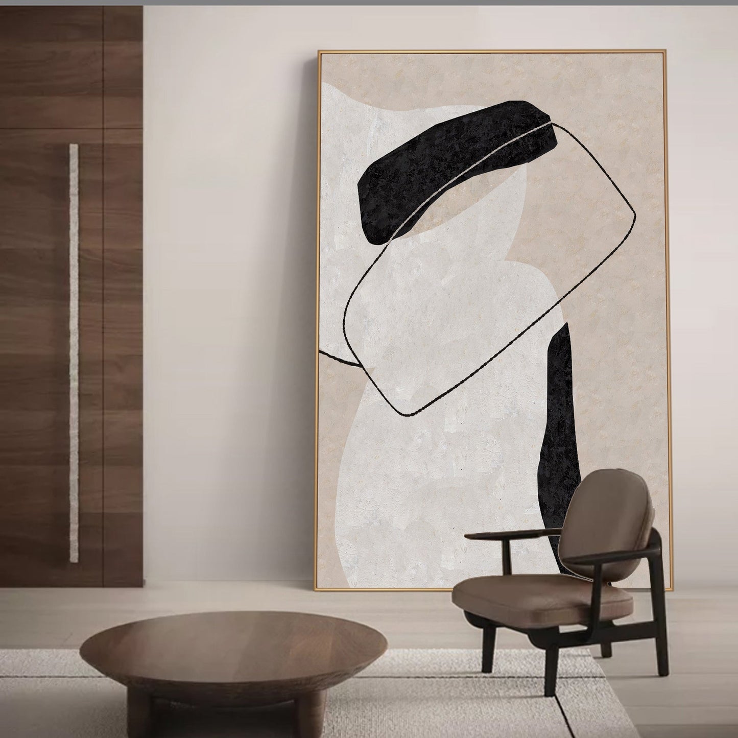 Contemporary Minimalist Oil Painting with Abstract Black and White Design