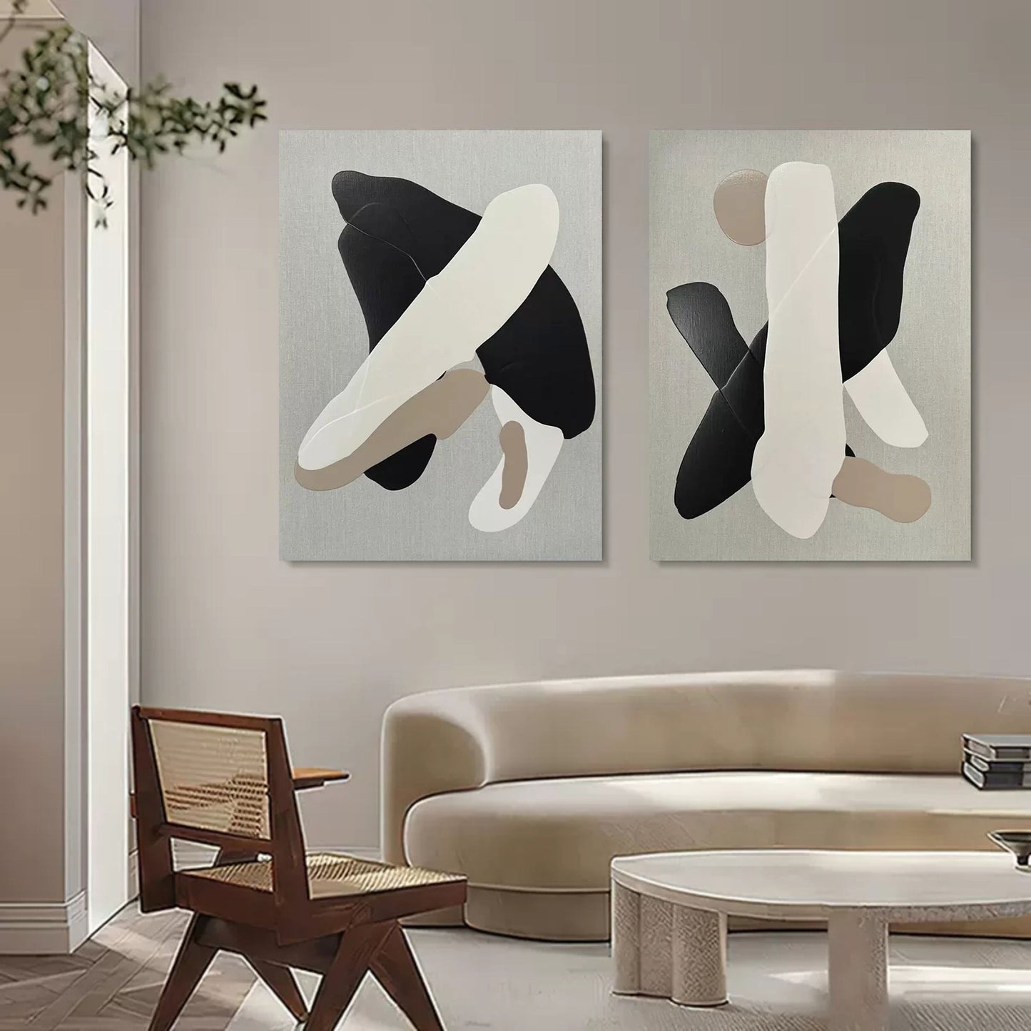 Contemporary Black and White Abstract Oil Painting Duo for Modern Decor