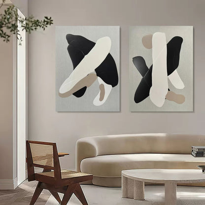 Contemporary Black and White Abstract Oil Painting Duo for Modern Decor