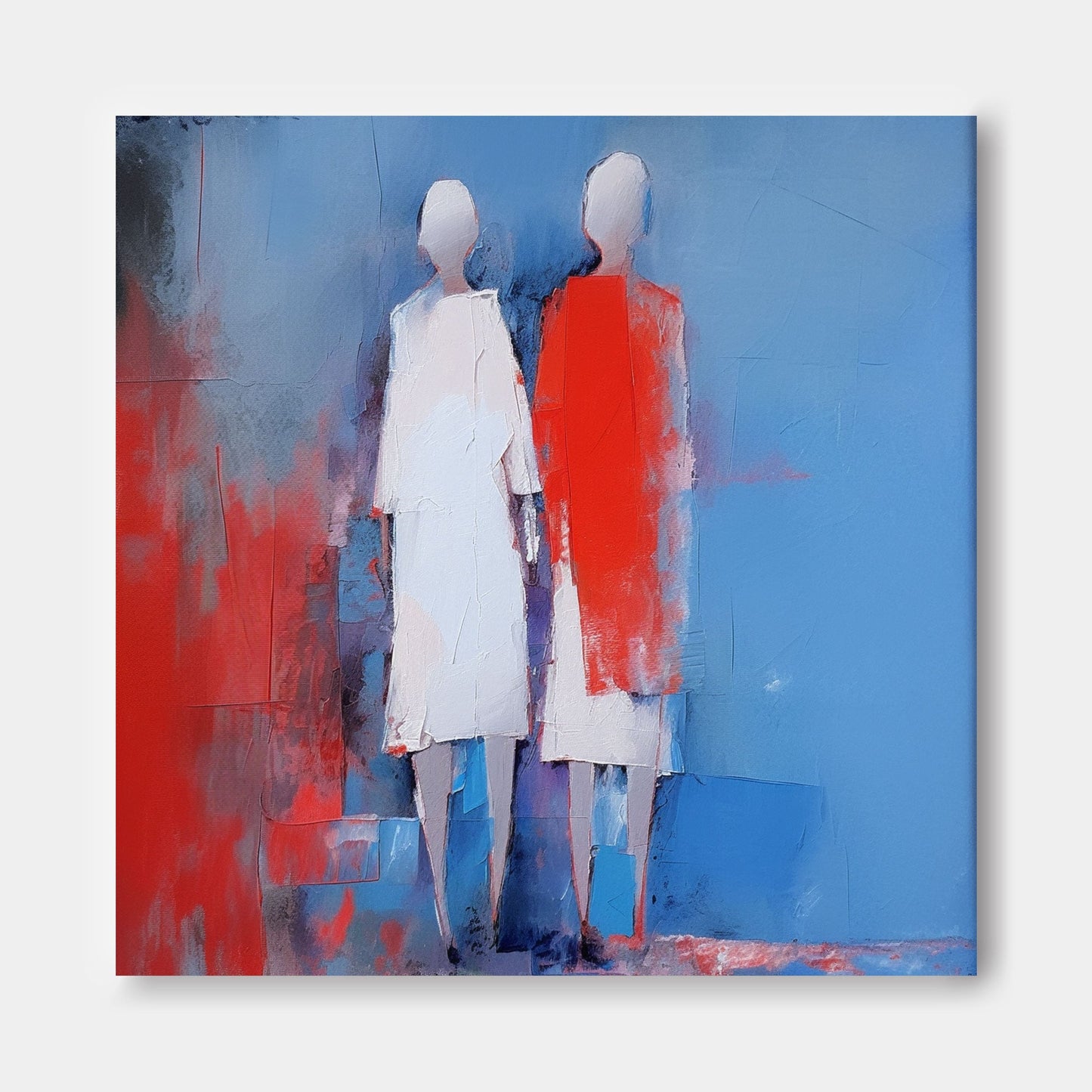 Abstract Oil Painting of Figures in Blue and Red - Modern Canvas Art for Home Decor