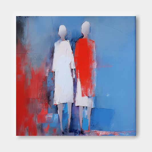 Abstract Oil Painting of Figures in Blue and Red - Modern Canvas Art for Home Decor