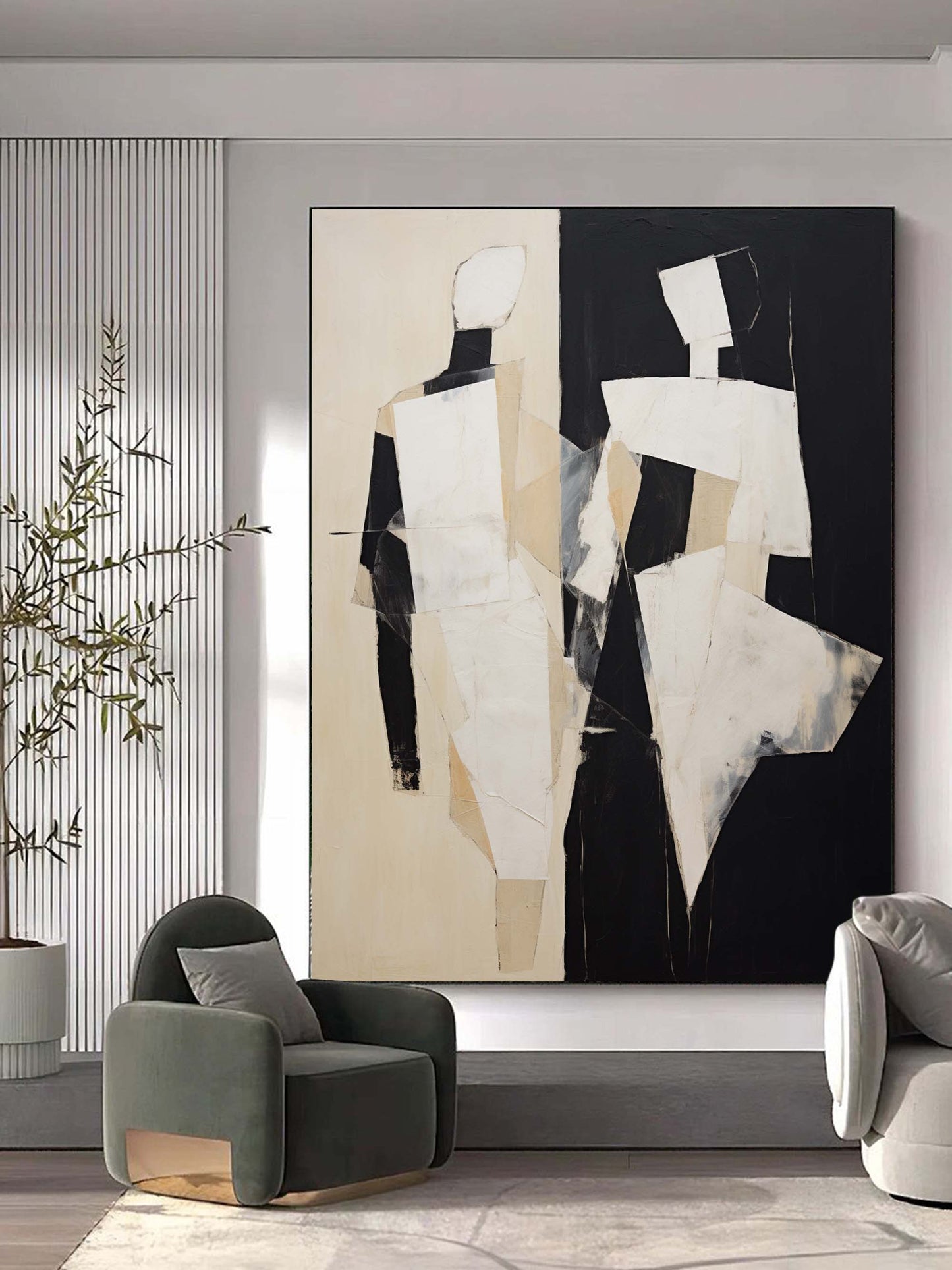 Abstract Minimalist Oil Painting with Elegant Figures in Bold Black and White