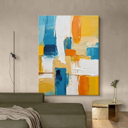 Vibrant Abstract Oil Painting in Blue, Yellow, and White for Modern Home Décor