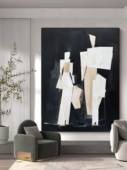 Abstract Minimalist Oil Painting of Figures in Neutral Tones and Dark Background