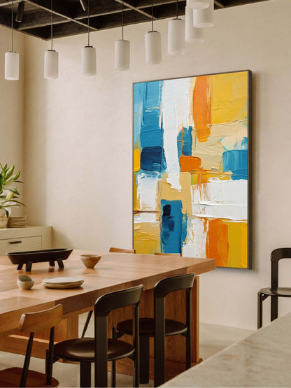 Vibrant Abstract Oil Painting in Blue, Yellow, and White for Modern Home Décor