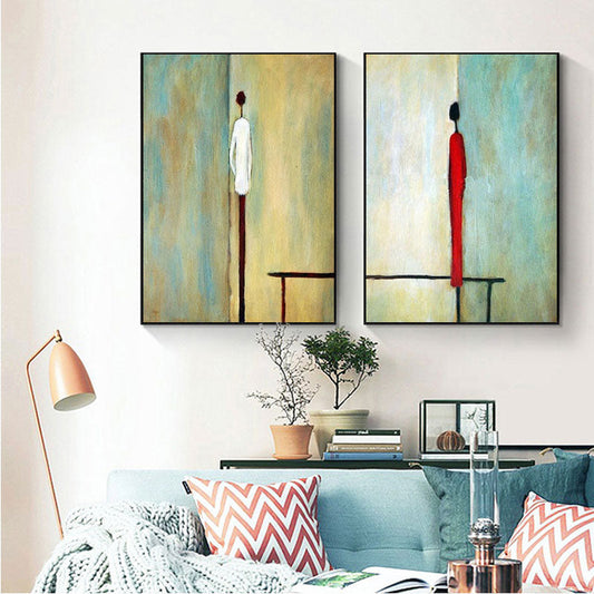 Abstract Oil Painting of Figures in Contrast: Confrontation and Connection