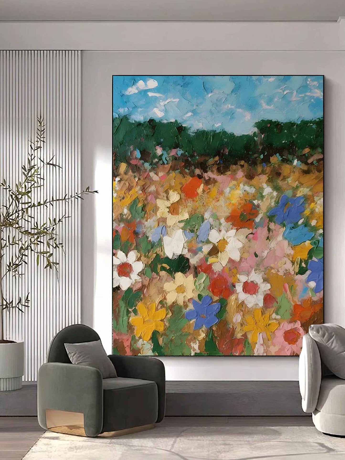 Vibrant Floral Landscape Oil Painting - Colorful Flower Field Art Piece for Home Decor