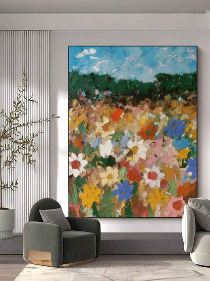 Vibrant Floral Landscape Oil Painting - Colorful Flower Field Art Piece for Home Decor