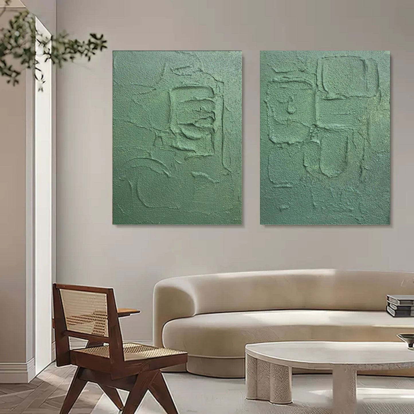 Textured Green Abstract Oil Painting Duo for Modern Home Decor