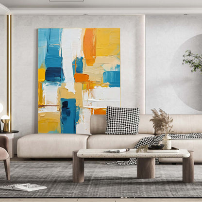 Vibrant Abstract Oil Painting in Blue, Yellow, and White for Modern Home Décor