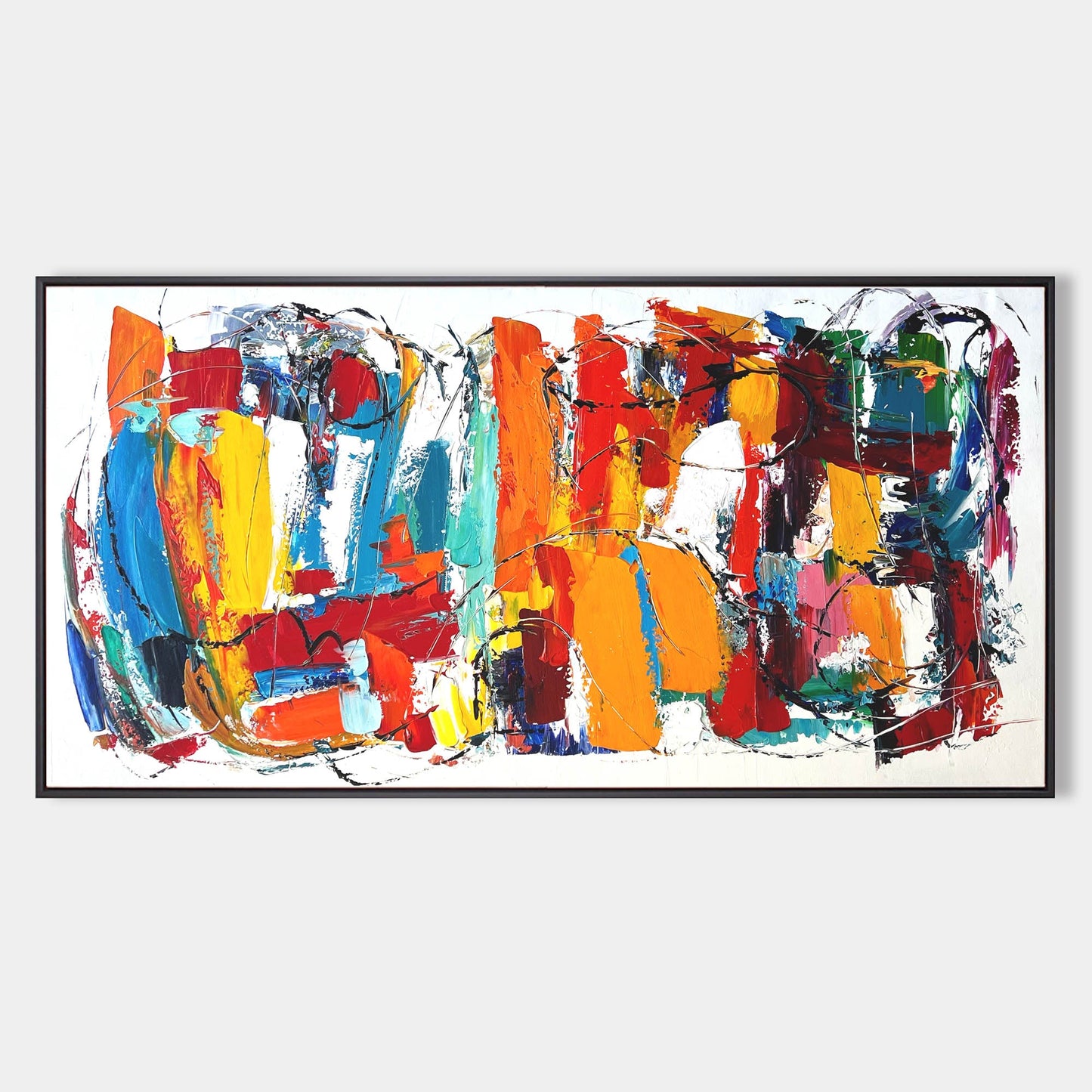 Vibrant Modern Abstract Oil Painting in Bold Colors and Energetic Design for Home Decor