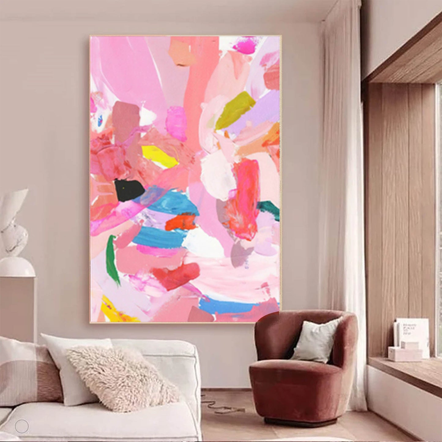 Vibrant Abstract Oil Painting in Pink and Colorful Brushstrokes for Modern Decor