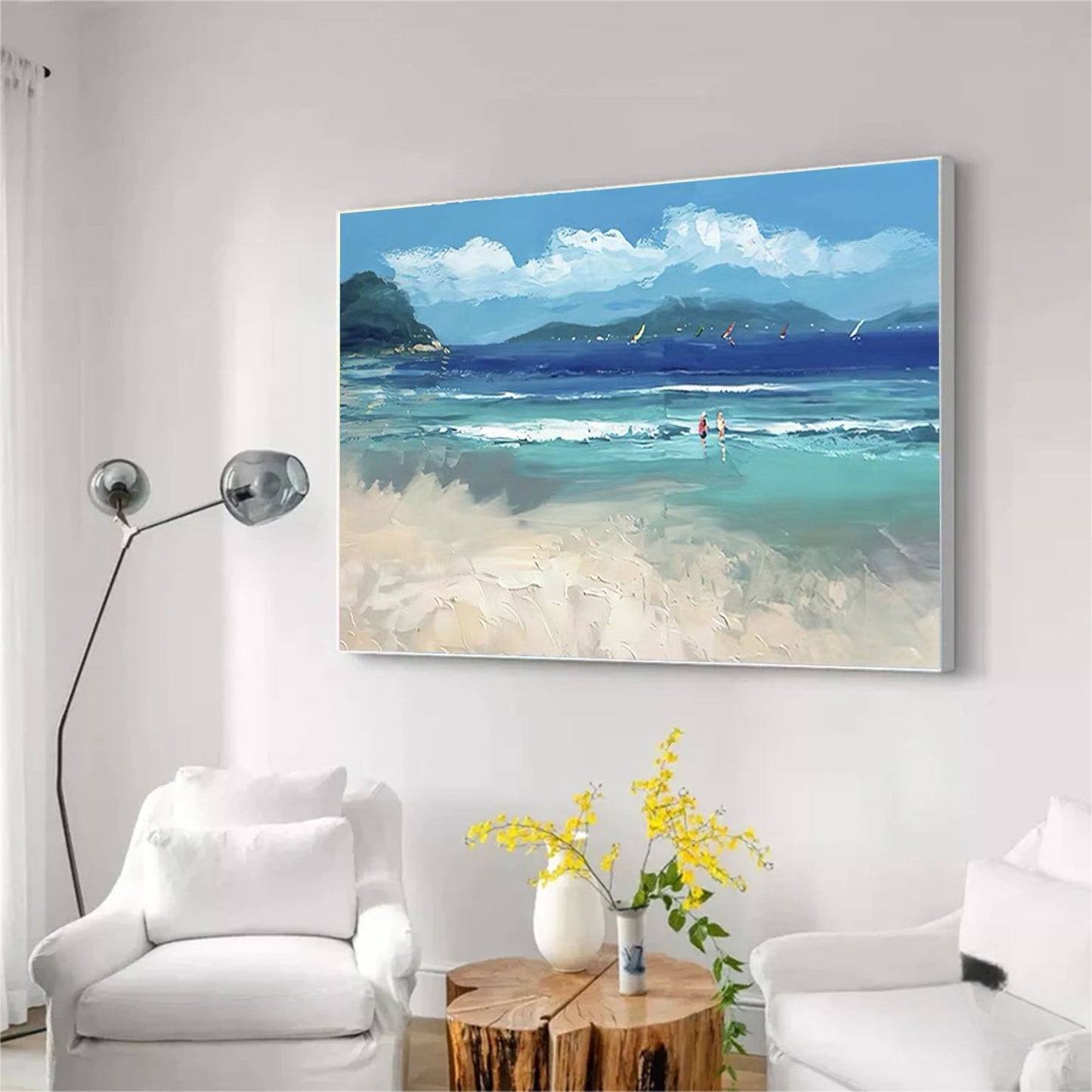 Vibrant Beach Scene Oil Painting with Ocean Waves and Sailboats