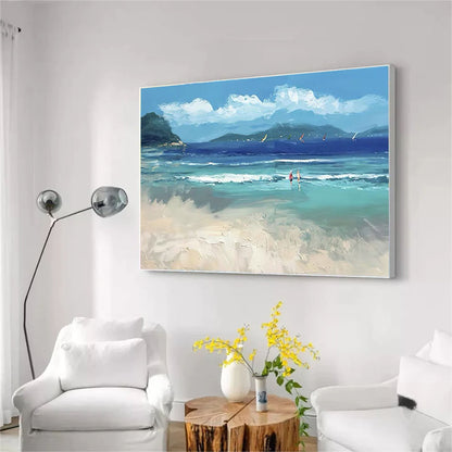 Vibrant Beach Scene Oil Painting with Ocean Waves and Sailboats