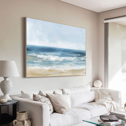 Serene Coastal Oil Painting with Gentle Waves and Soft Sand Shoreline