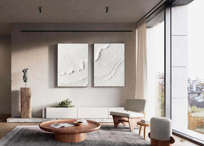 Minimalist White Textured Abstract Oil Paintings for Modern Home Decor Set of Two