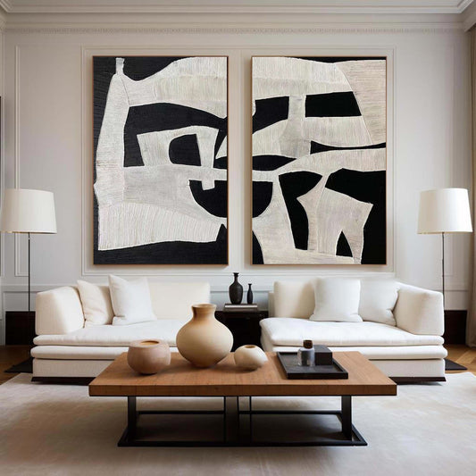 Black and White Abstract Oil Painting Duo – Textured Modern Canvas Art for Contemporary Decor