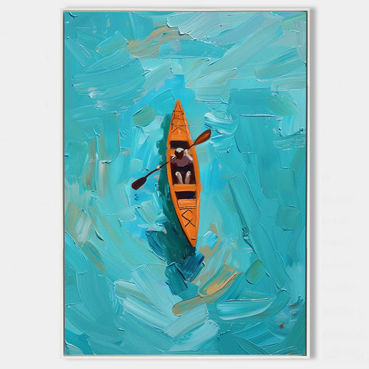 Vibrant Blue Ocean Kayaking Oil Painting for Nautical Home Decor