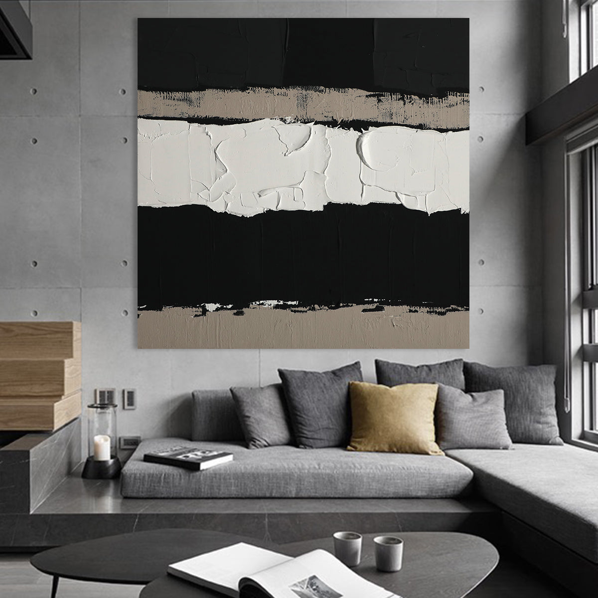 Monochrome Abstract Textured Oil Painting for Modern Home Decor