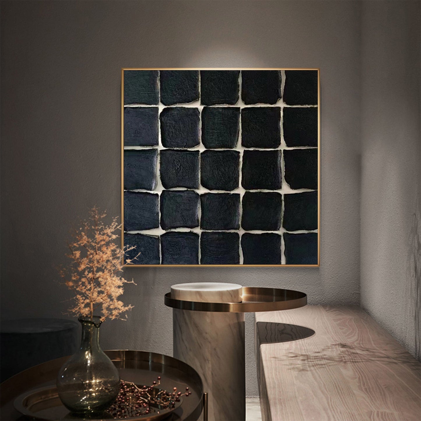 Elegant Black Minimalist Square Oil Painting for Modern Home Decor