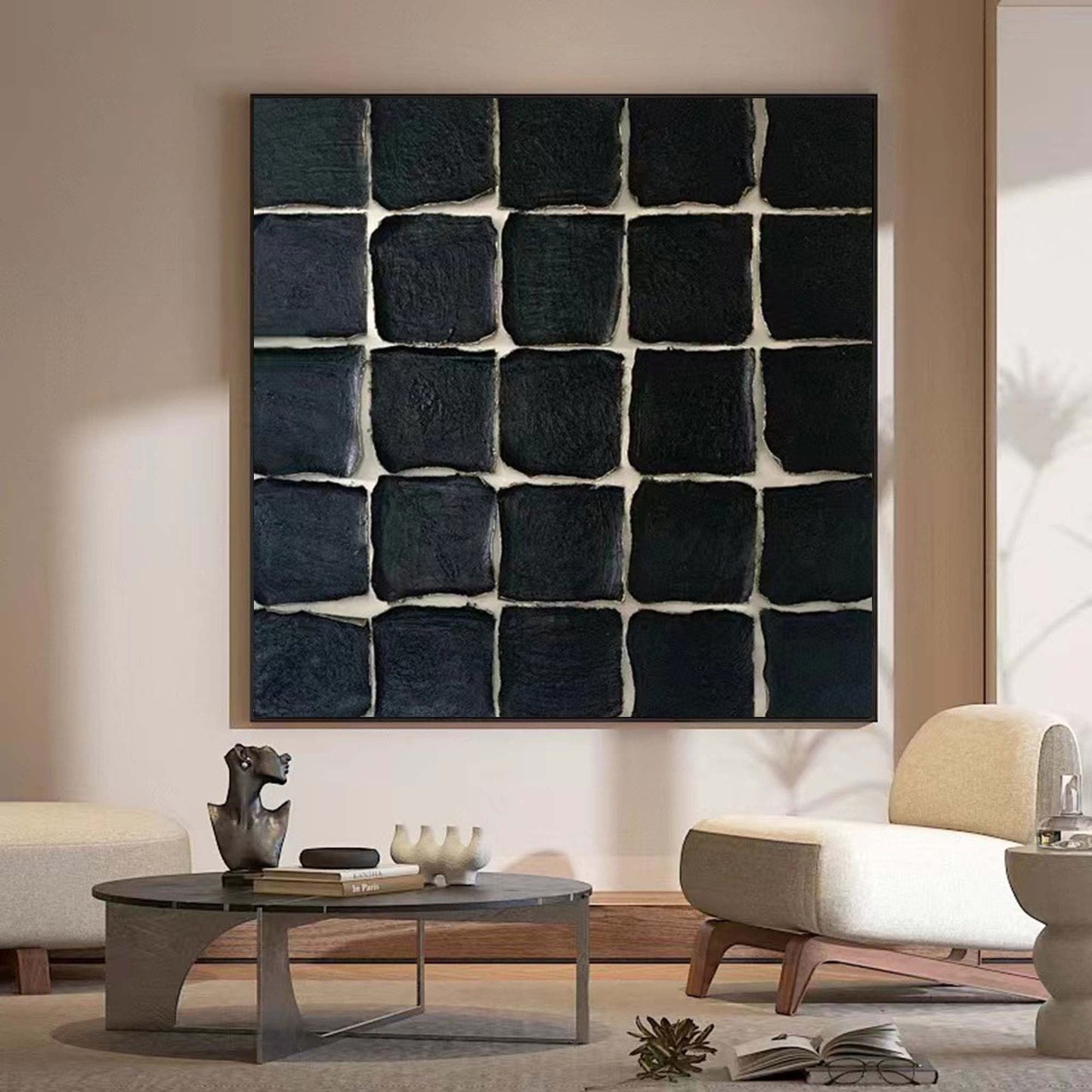 Elegant Black Minimalist Square Oil Painting for Modern Home Decor