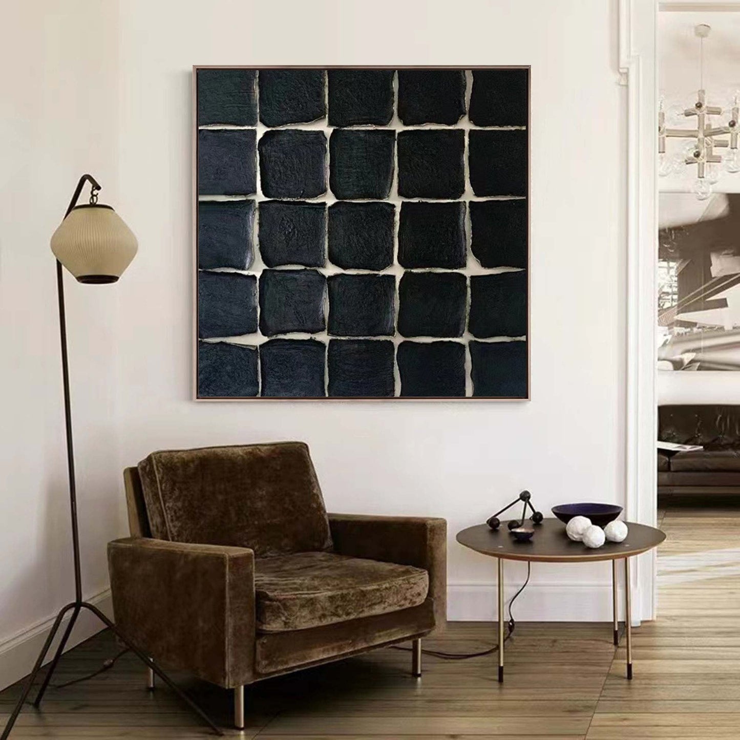 Elegant Black Minimalist Square Oil Painting for Modern Home Decor