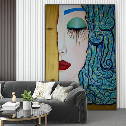 Whimsical Woman with Flowing Hair - Colorful Oil Painting for Home Decor