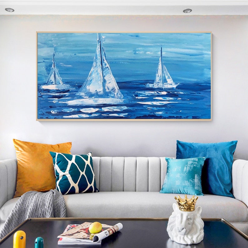 Serene Blue Ocean Sailing Scene - Elegant Oil Painting for Nautical Home Decor