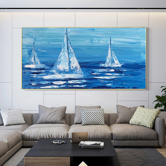 Serene Blue Ocean Sailing Scene - Elegant Oil Painting for Nautical Home Decor