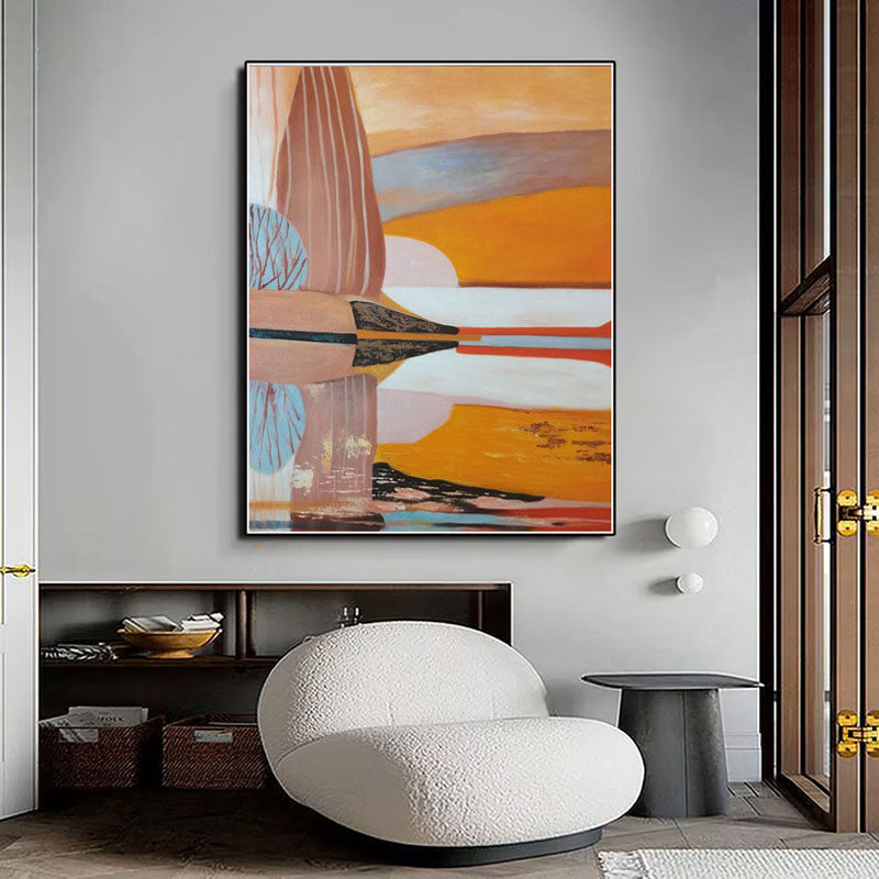 Abstract Sunset Reflection: Vibrant Oil Painting for Modern Home Decor