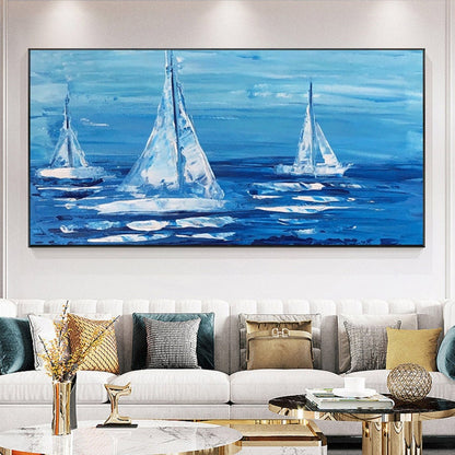 Serene Blue Ocean Sailing Scene - Elegant Oil Painting for Nautical Home Decor