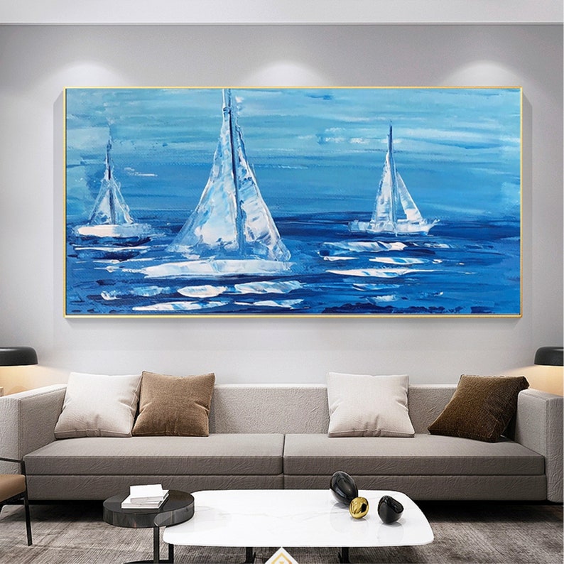 Serene Blue Ocean Sailing Scene - Elegant Oil Painting for Nautical Home Decor