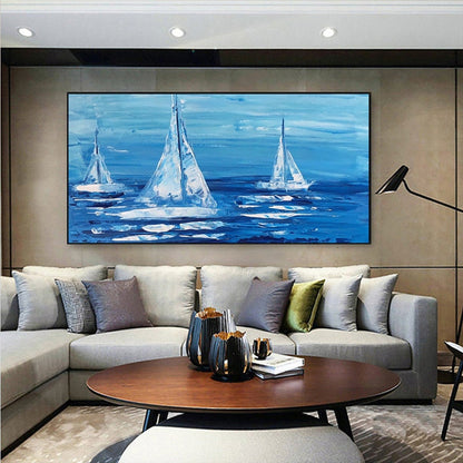 Serene Blue Ocean Sailing Scene - Elegant Oil Painting for Nautical Home Decor