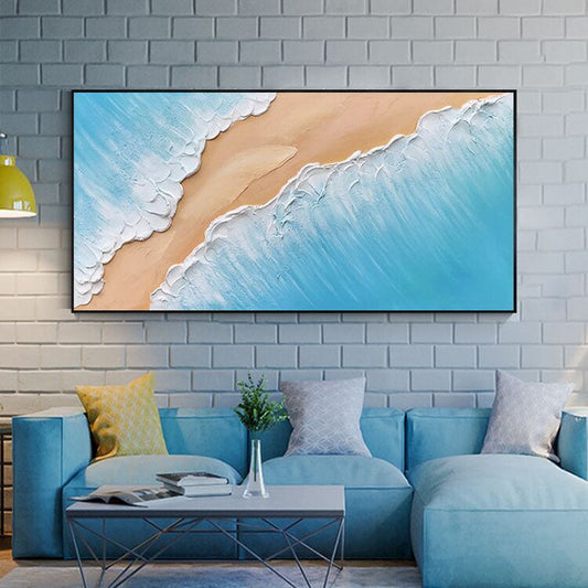 Coastal Serenity: Vibrant Oil Painting of Waves and Beach Landscape