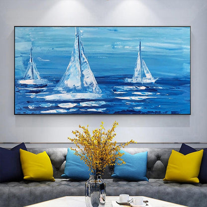 Serene Blue Ocean Sailing Scene - Elegant Oil Painting for Nautical Home Decor